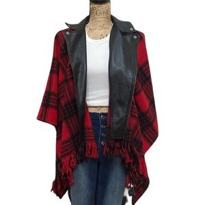 Rock & republic black/ red plaid faux leather fringed zip up poncho